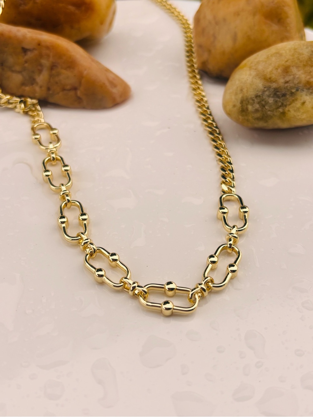 Polished Gold Link Bead Necklace for Women